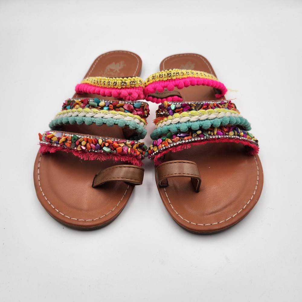 Camel Threads Sandals Womens 7 Brown Embellished Toe Loop Boho Festival
